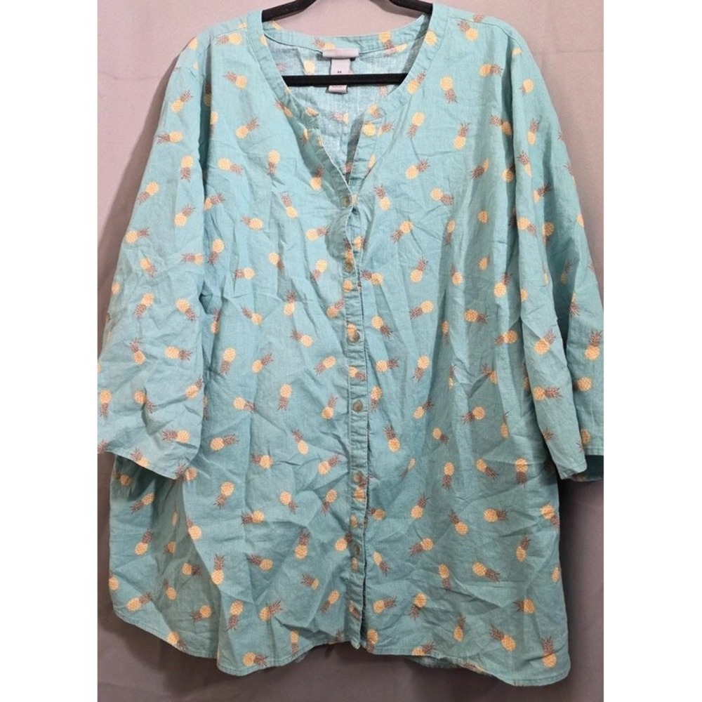 Catherines Womens 3X Pineapple Print Linen Blend Button Front Tunic Top Teal